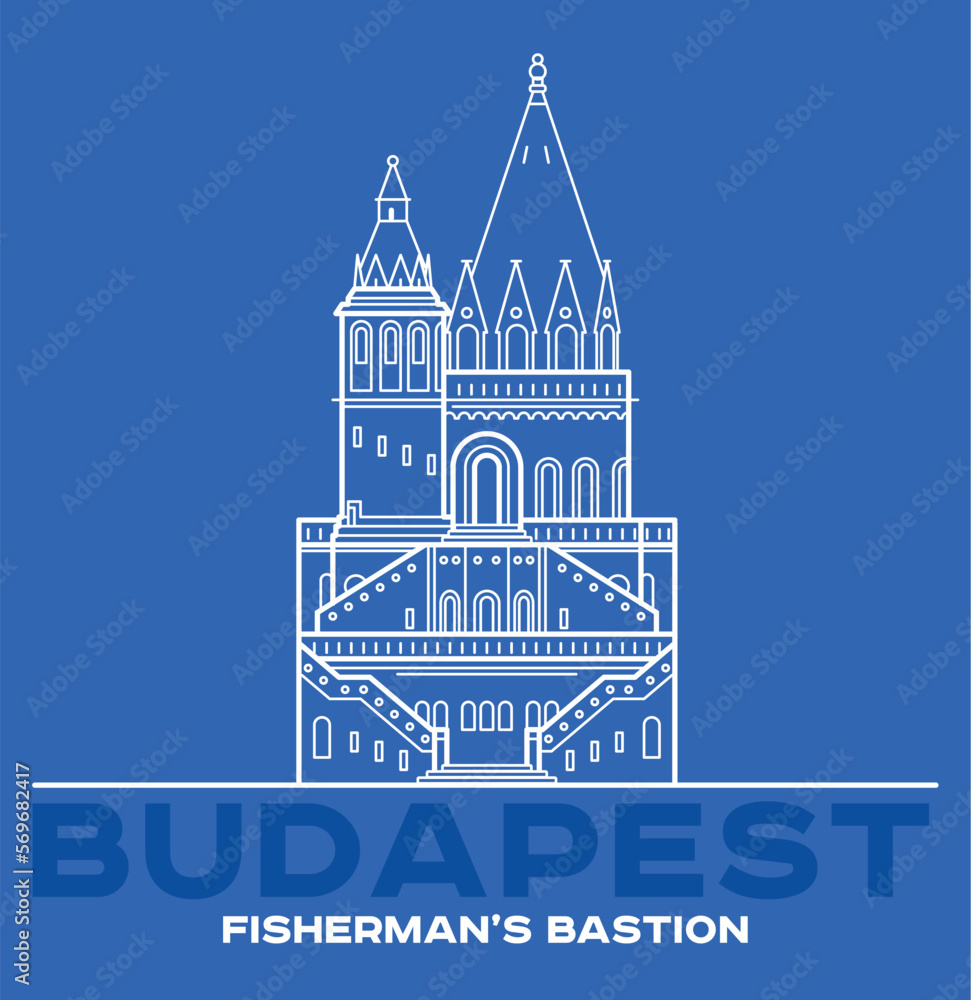 Fisherman's bastion towers icon in Budapest. Vector art illustration flat design. Hungary's famous architectural landmark thin line illustration. Hungarian tourist destination you have to visit