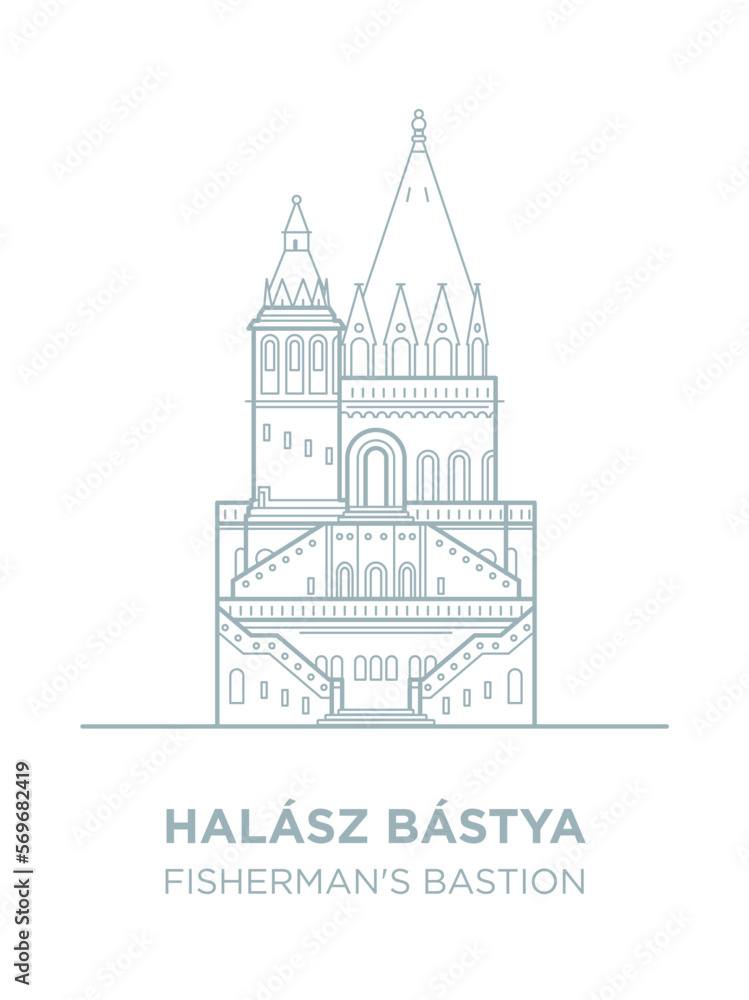 Naklejka premium Fisherman's bastion towers in Hungary capital icon. Vector art illustration flat design. Budapest famous architectural landmark thin line illustration. Hungarian tourist destination you have to visit
