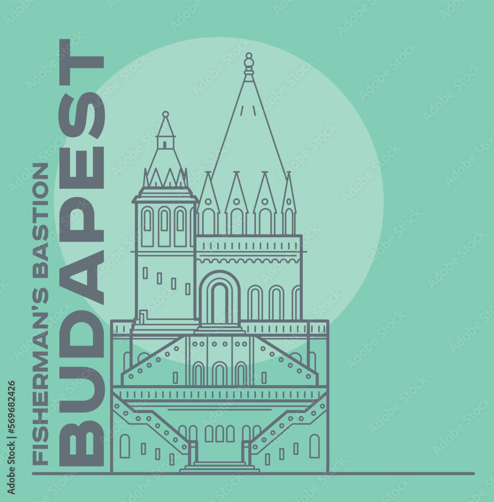 Fisherman's bastion towers in Budapest capital icon. Vector art illustration flat design. Famous architectural landmark thin line illustration. Hungarian tourist destination you have to visit