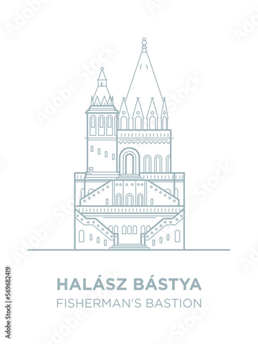 Fisherman's bastion towers in Hungary capital icon. Vector art illustration flat design. Budapest famous architectural landmark thin line illustration. Hungarian tourist destination you have to visit