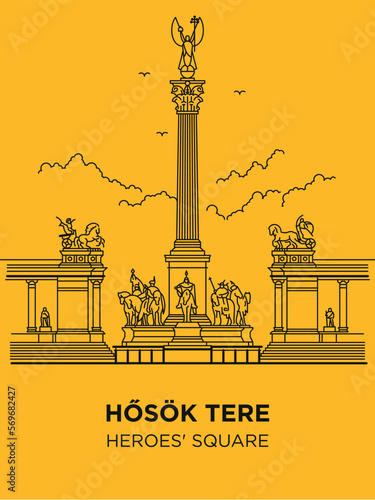 Heroes's Square in Hungary capital icon. Vector art illustration flat design. Budapest famous architectural landmark thin line illustration. Historical Hungarian statues,kings, tourist destination.