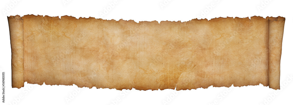 Fototapeta premium Horizontal paper scroll or parchment manuscript isolated on a white background.