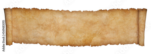 Horizontal paper scroll or parchment manuscript isolated on a white background.