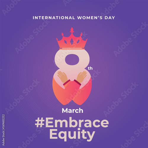 8th March hugging herself. Embrace Equity is campaign theme of International Women's Day 2023. Vector illustration