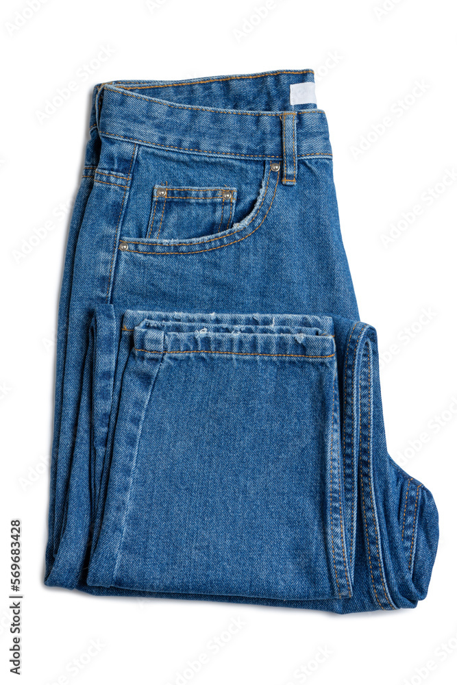 Blue jeans pants isolated on white background. Denim background, texture. Fashion concept, business, shopping, sale. Design detail, button and seams Blue jeans pants isolated on white background. Denim background, texture. Fashion concept, business, shopping, sale. Design detail, button and seams