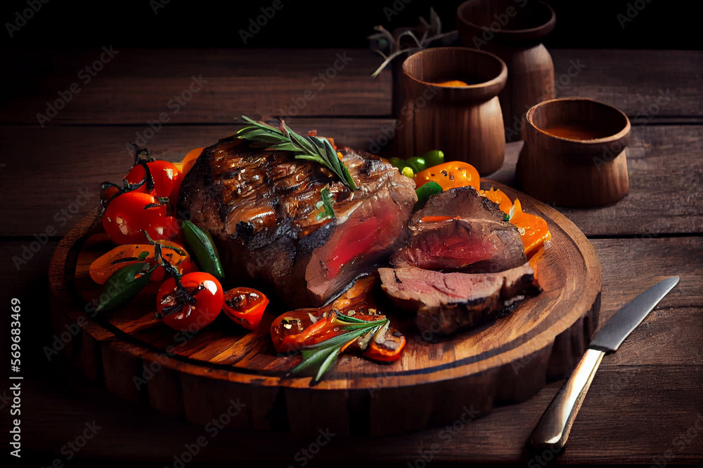 Appetitanregendes Medium gebratenes Steak angerichtet auf einen Holzbrett auf rustikalen Hintergrund - Generative Ai 