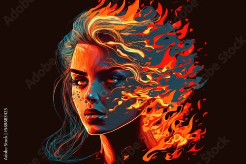 Illustration of woman's face made with fire. Generative AI