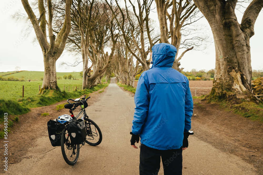 Touring bicycle set up with panniers. dark hedges in Northern Ireland