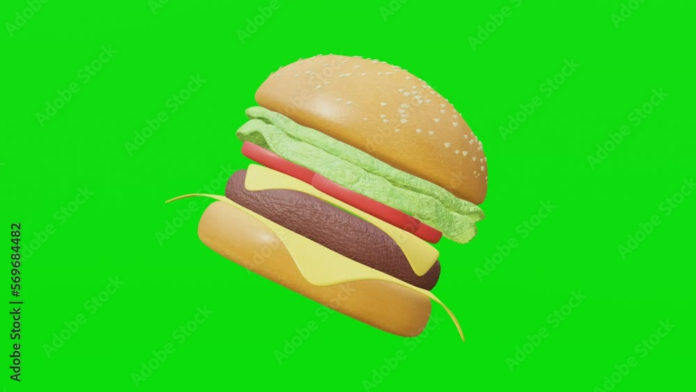 3D burger rotating on green screen or chroma key for advertisement