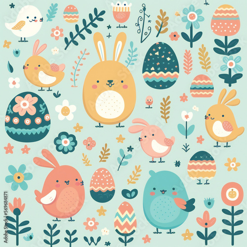 Cute spring easter background with bunnies, chicken, eggs, and flowers for children. Happy Light blue easter wallpaper 