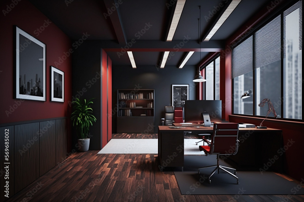 Fototapeta premium interior of a office, with pc and desk, 3d render, generative ai