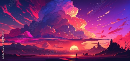 Popular background color trends in cyberpunk. Beautiful Nature with Light A colorful sunset or dawn grand and dramatic scenery Incredible clouds in a sunset sky with a purple light cloud backdrop