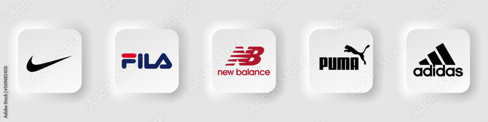 Brands logo set. Nike, Puma, Adidas, Fila, New Balance sport clothing  icons. Neumorphism style. Vector editorial illustration EPS 10 Stock Vector  | Adobe Stock