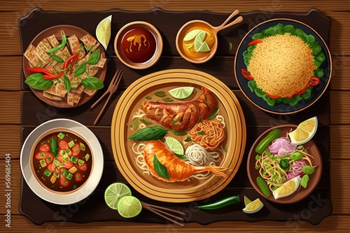 set of thai food on top table.Popular Thai food in top view isolated on wooden table background.Top view. Thai cuisine set.Collection of food dishes for the decoration of restaurants.Thai food