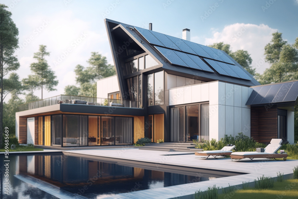 Obraz premium Solar panels on the roof of the modern house. Exterior design of luxury modern house with a swimming pool. AI generated