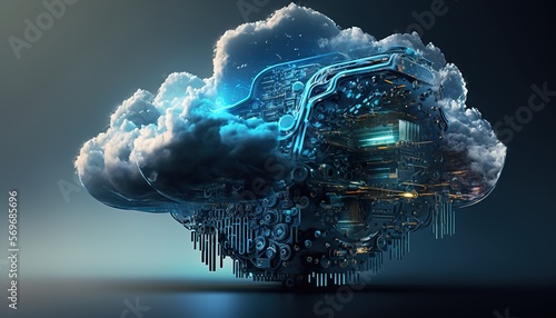 Digital futuristic imaginative illustration of technology cloud computing created with generative ai technology photo