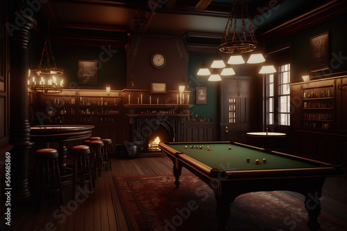 internal design with pool table and amazing light, 3d render, generative ai © Nicola