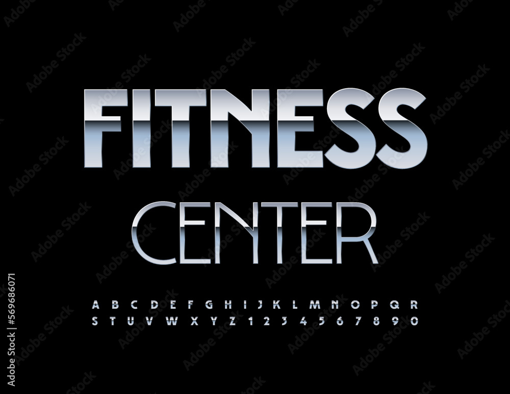 Vector steel emblem Fitness Center. Modern metallic Font. Premium elegant Alphabet Letters and Numbers set