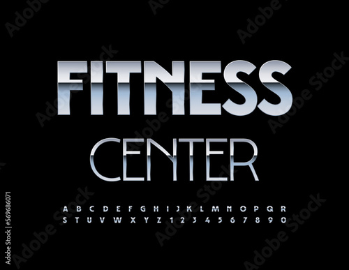 Vector steel emblem Fitness Center. Modern metallic Font. Premium elegant Alphabet Letters and Numbers set