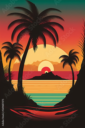 Minimalist Flat Beach Ocean Landscape  colorful sunrise  2d illustration