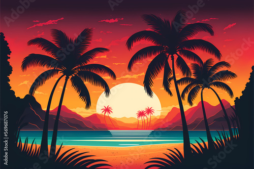 Minimalist Flat Beach Ocean Landscape, colorful sunrise, 2d illustration