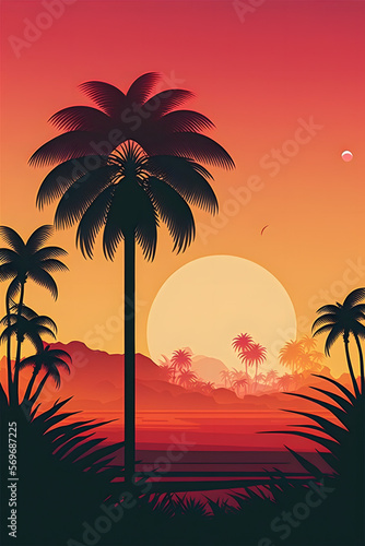 Minimalist Flat Beach Ocean Landscape  colorful sunrise  2d illustration