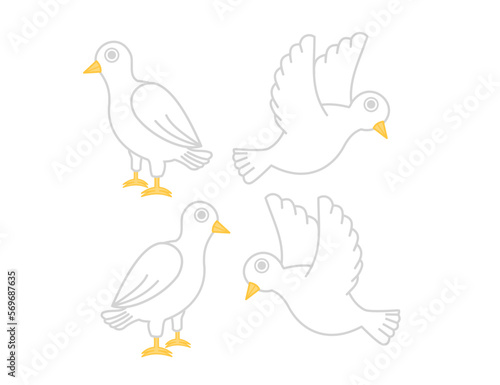 White doves flying on white background.Bird and pigeon.International peace day.Animal or poultry.Sign  symbol  icon or logo isolated.Flat design.Cartoon vector illustration.Graphic pictogram.