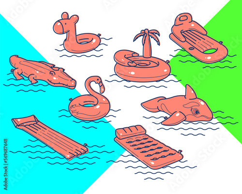Floating air mattress. Set of colorful inflatable air mattresses on abstract colorful background