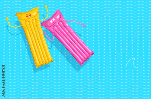 Vector illustration of two floating air mattresses having fun in the summer and afraid of a shark in the water. Yellow and pink holiday mattresses