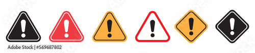 Caution alarm set, danger sign collection, attention vector icon, yellow, red and black fatal error message element, exclamation mark of warning attention. Vector icon.