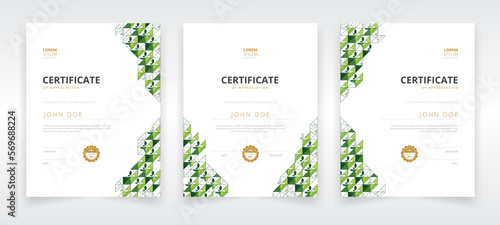 Vertically oriented modern and professional certificate template set with artwork based on eco friendly concept that can be used in educational sector or green industries