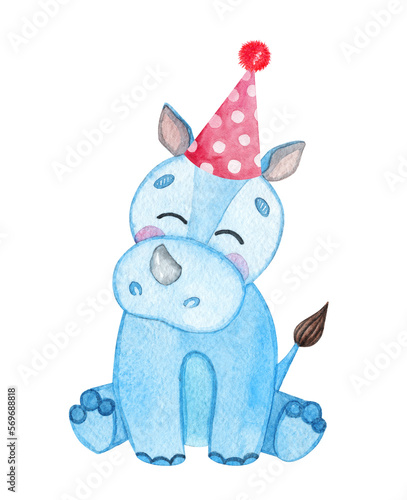 Watercolor cute rhino in party hat isolated on white
