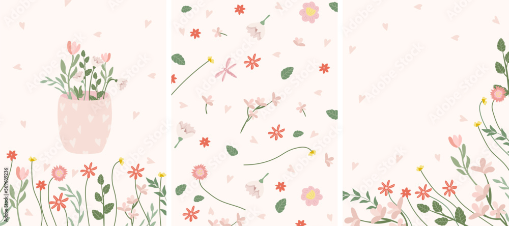 Combo of bright compositions with spring flowers in decorative vase, butterflies, green leaves. Postcards Spring flowering. Ideal for banners, cards, posters. Vector illustration.