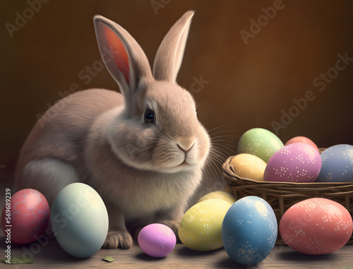 Cute Easter Bunny with Easter Eggs, Illustration Background, generativ ai 