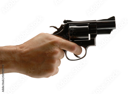 Hand holding revolver gun isolated on transparent layered background. photo