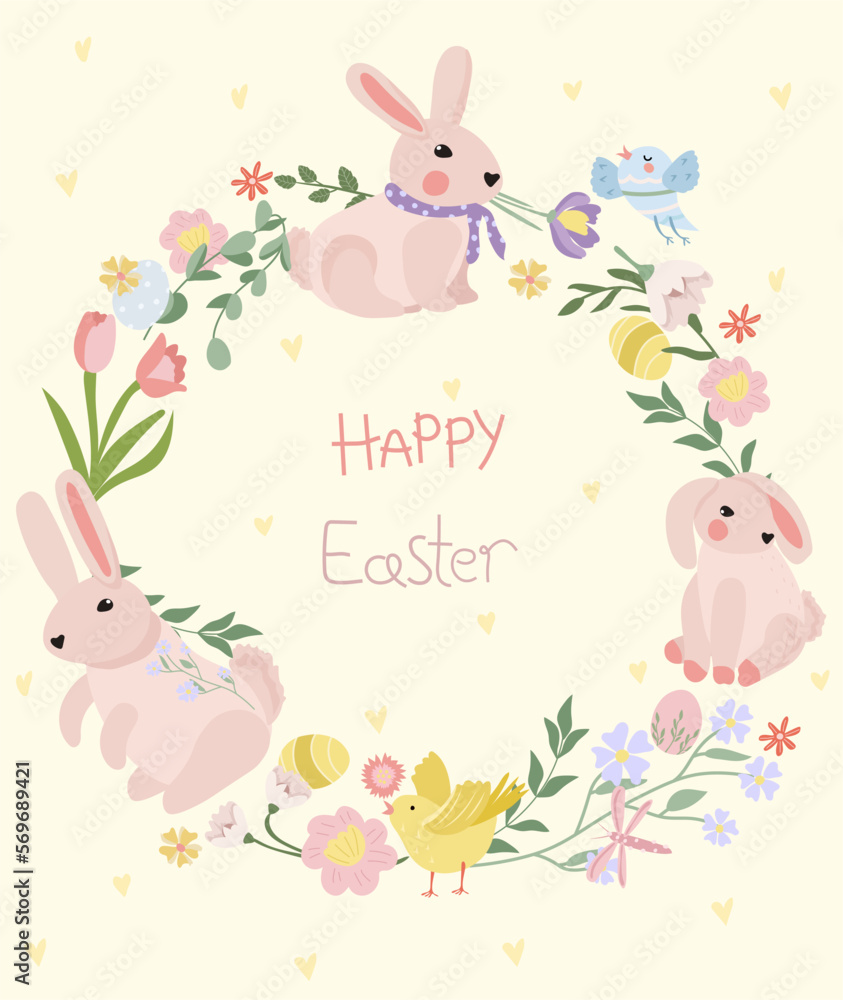 Happy Easter, greeting card with a wreath of bright flowers, eggs, cute rabbit, chickens. Spring flowers. Concept of holiday, joy, happiness. Ideal for banners, cards, posters, stickers. Vector Happy Easter, greeting card with a wreath of bright flowers, eggs, cute rabbit, chickens. Spring flowers. Concept of holiday, joy, happiness. Ideal for banners, cards, posters, stickers. Vector