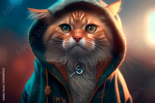 cat in clothes and hood, generative ai