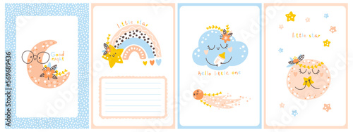 Baby shower boho template set. Vertical cards with rainbows, flowers, inscriptions. Cute hand drawn illustrations in a simple cartoon doodle style in a limited edition gender neutral palette.