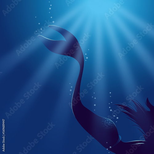 Mermaid in deep blue sea, submarine life photo