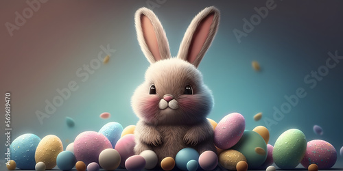 Cute Easter Bunny with Easter Eggs, 2D Illustration Banner Background, generativ ai  © Luc.Pro