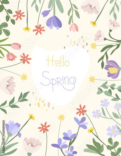 A bright composition with spring flowers, green leaves and the inscription Hello spring. Spring flowering. Concept of holiday, joy, happiness. Vector graphics.