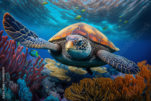 Colorful illustration of a sea turtle swimming over coral reefs
