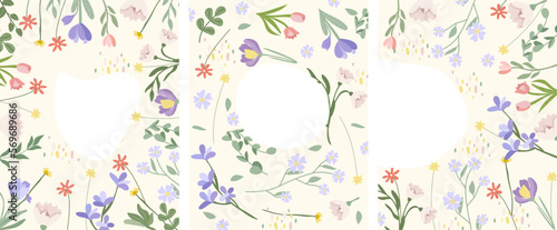 Combo of bright posters with spring flowers, tulip, crocus, lavender and green leaves. Postcards Spring flowering. Ideal for banners, cards, posters. Vector illustration.