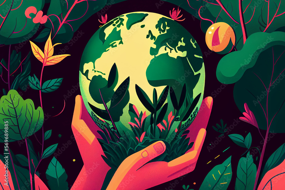 hands holding up a globe with green continents, plants around it, earth ...