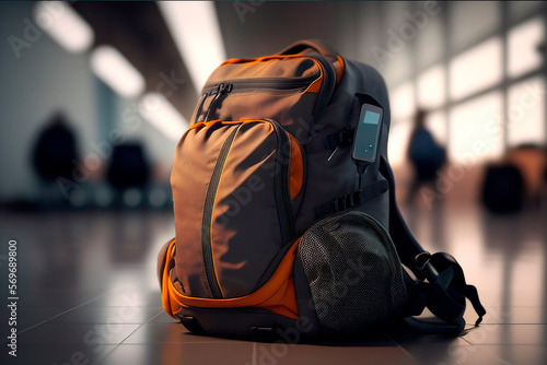 Generative AI, a filled tourist backpack is on the floor of the airport, packed in a backpack before traveling.