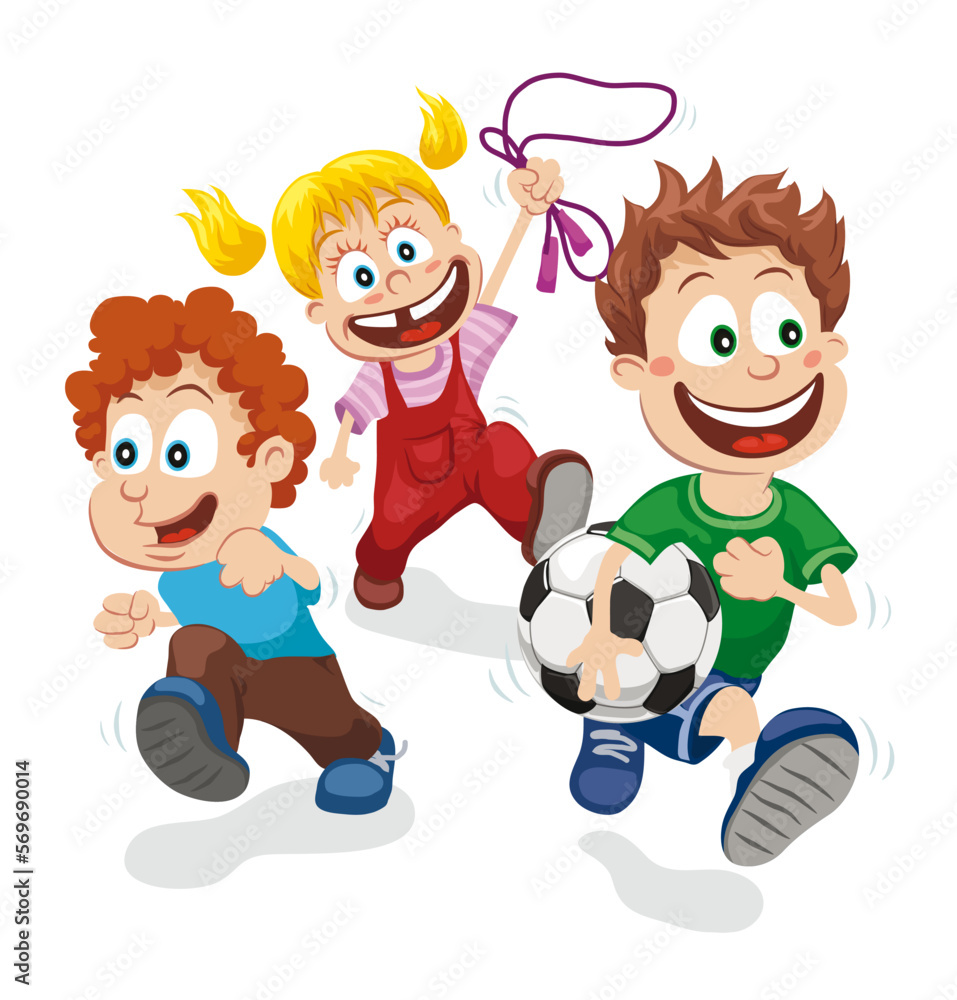 Vector illustration of happy kids playing outside on white background, running and playing football Vector illustration of happy kids playing outside on white background, running and playing football