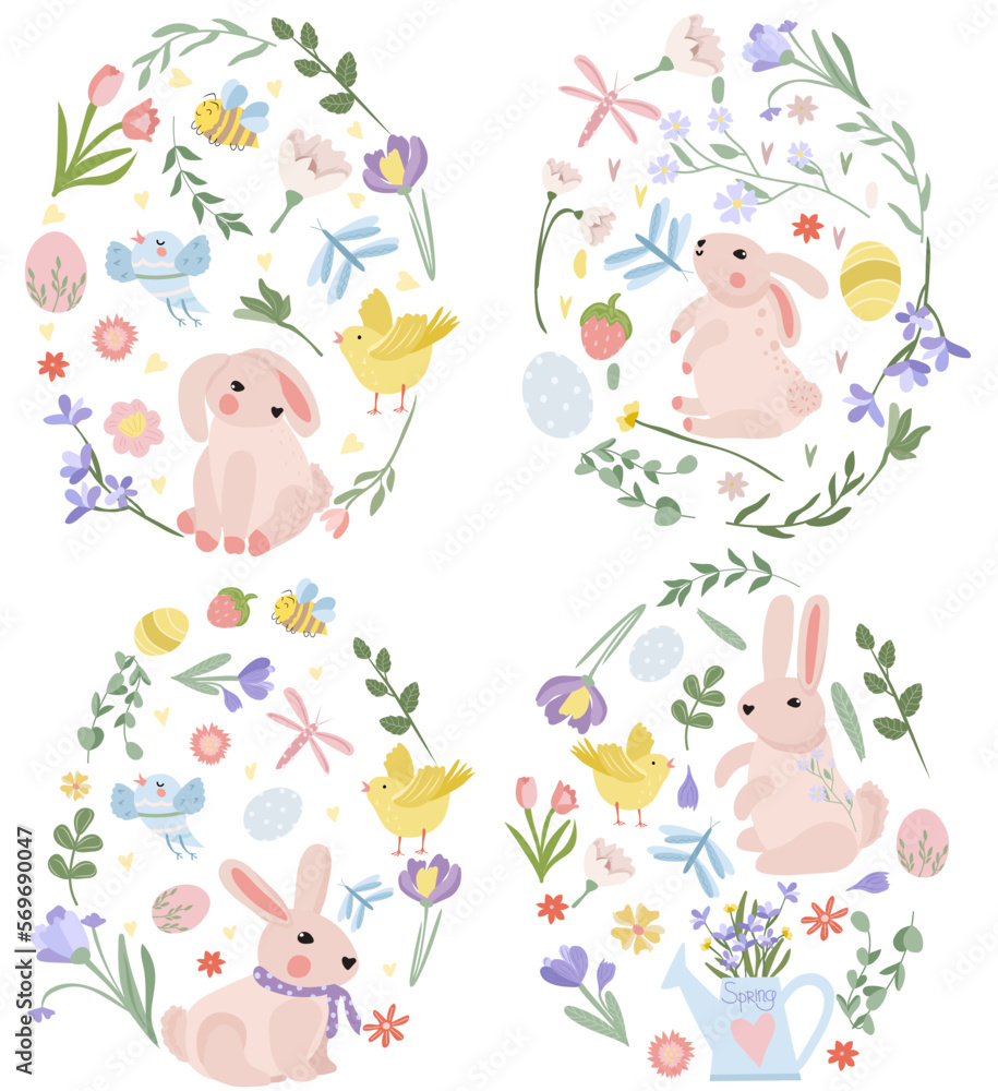 Easter egg from bright flowers, eggs, cute rabbit, chickens. Spring flowers. Concept of holiday, joy, happiness. Ideal for banners, cards, posters, stickers. Vector illustration