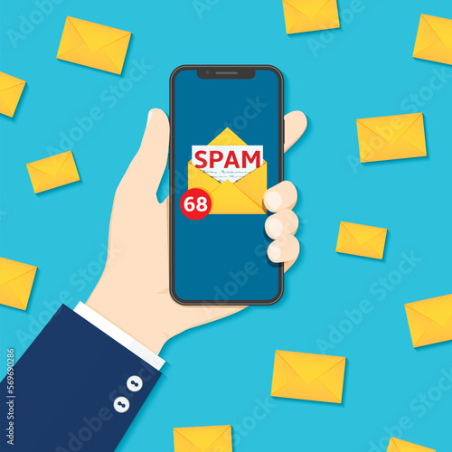 Spamming mailbox concept, a lot of emails on the screen of a smartphone. Email box hacking, spam warning. Flat vector Illustration