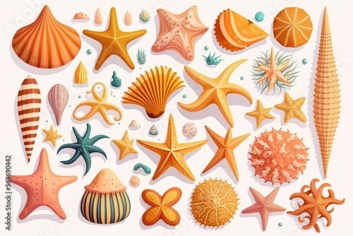 Isolated starfish and seashell collection on a white background. Generative AI