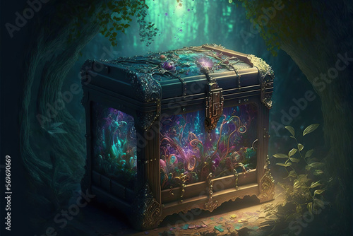 Treasure chest in a fantasy forest, Generative AI